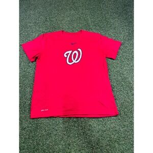 Nike Dri-Fit MLB Washington Nationals Baseball T Shirt Men's L Red Swoosh Logo‎
